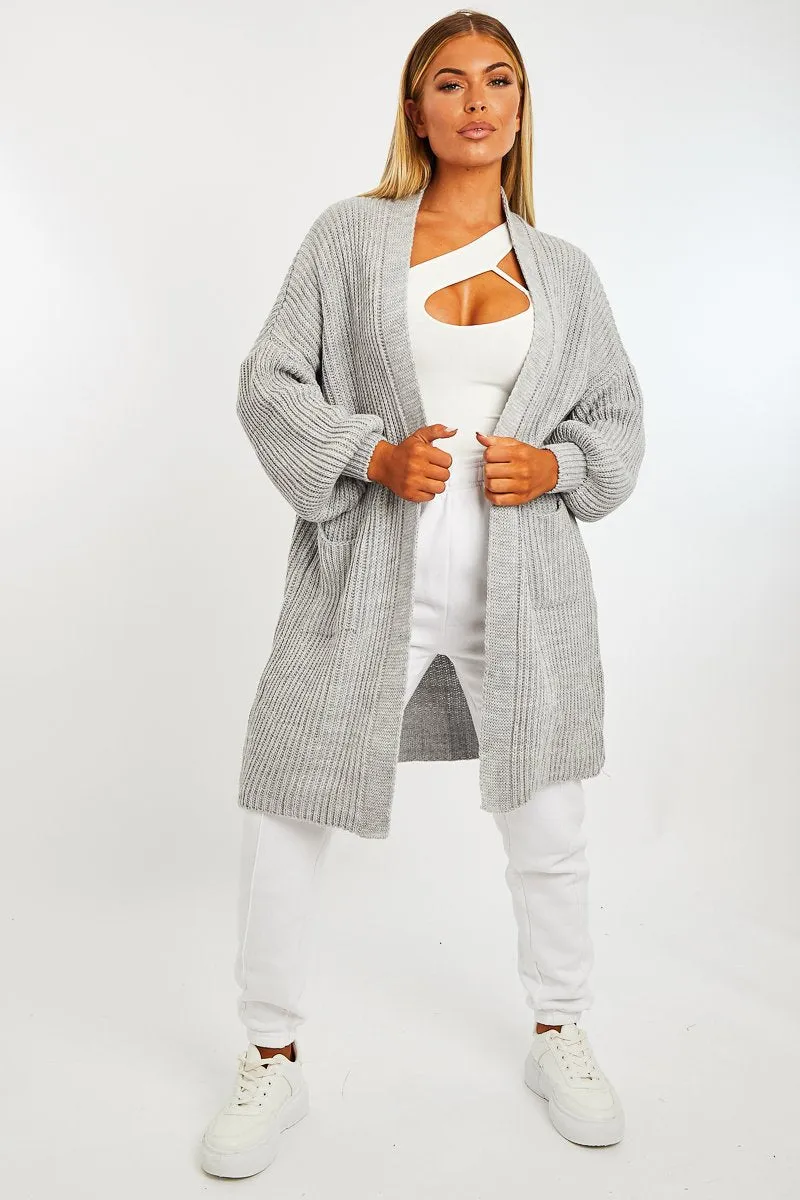 GREY BALLOON SLEEVE LONGLINE KNIT CARDIGAN - ABBIE