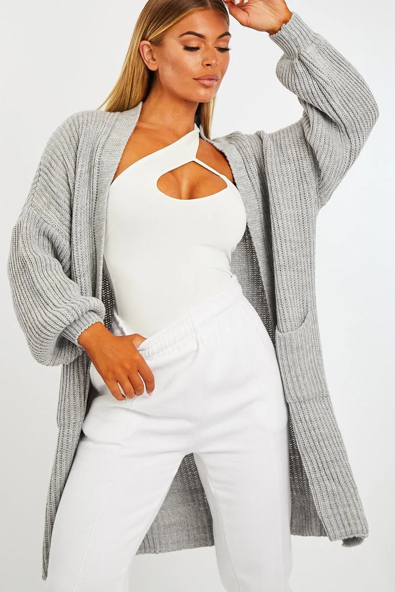 GREY BALLOON SLEEVE LONGLINE KNIT CARDIGAN - ABBIE