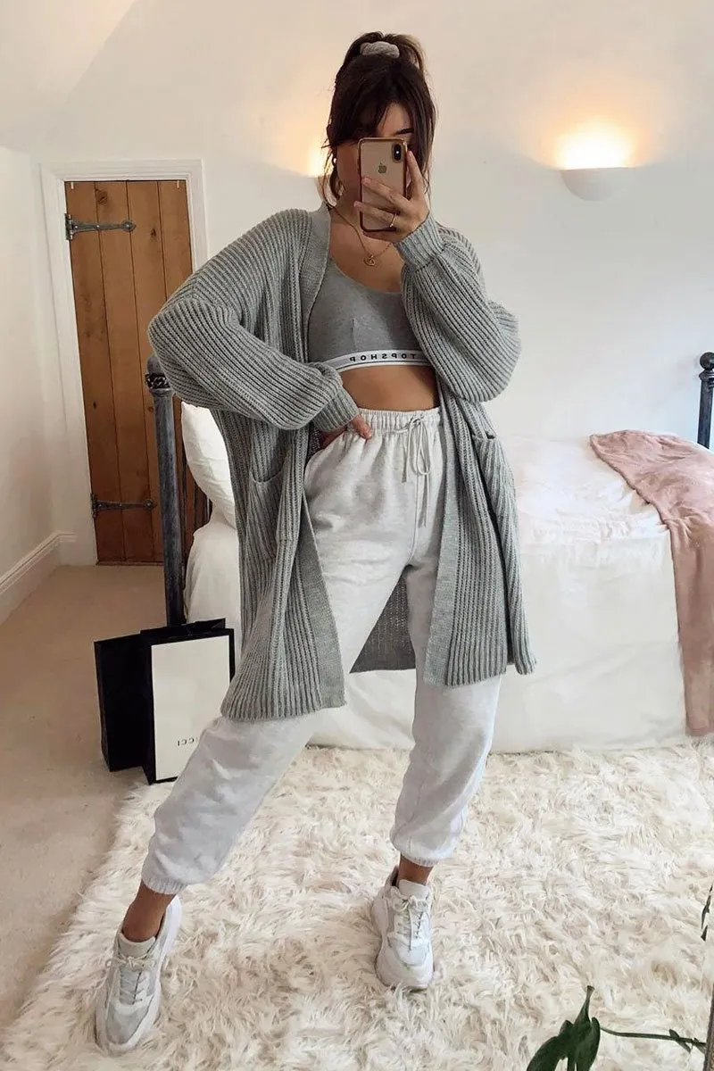 GREY BALLOON SLEEVE LONGLINE KNIT CARDIGAN - ABBIE