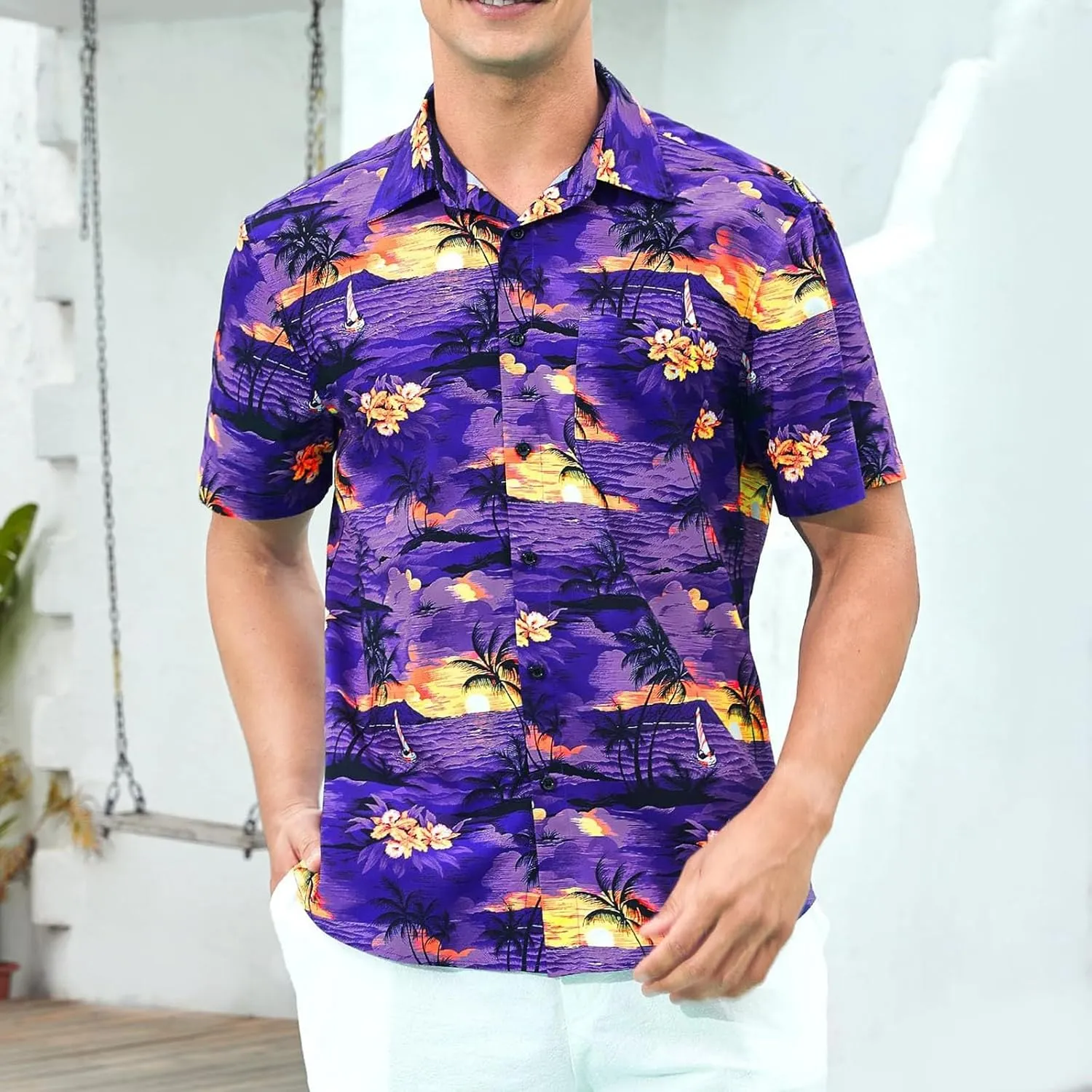 Hawaiian Floral T-Shirt for Men Button Down Beach Vacation Travel Tropical Shirt Collared Printed Summer Outfits Tops