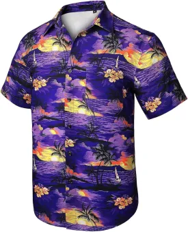 Hawaiian Floral T-Shirt for Men Button Down Beach Vacation Travel Tropical Shirt Collared Printed Summer Outfits Tops