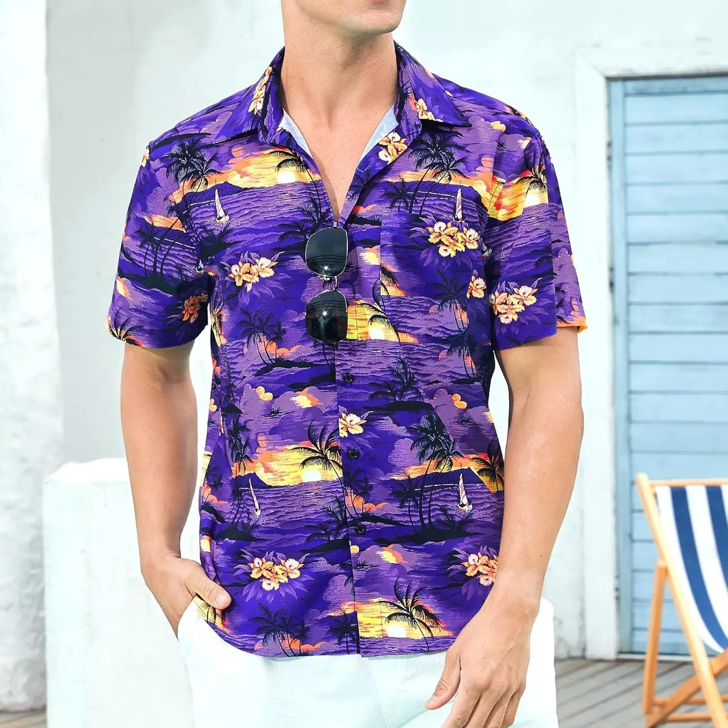 Hawaiian Floral T-Shirt for Men Button Down Beach Vacation Travel Tropical Shirt Collared Printed Summer Outfits Tops