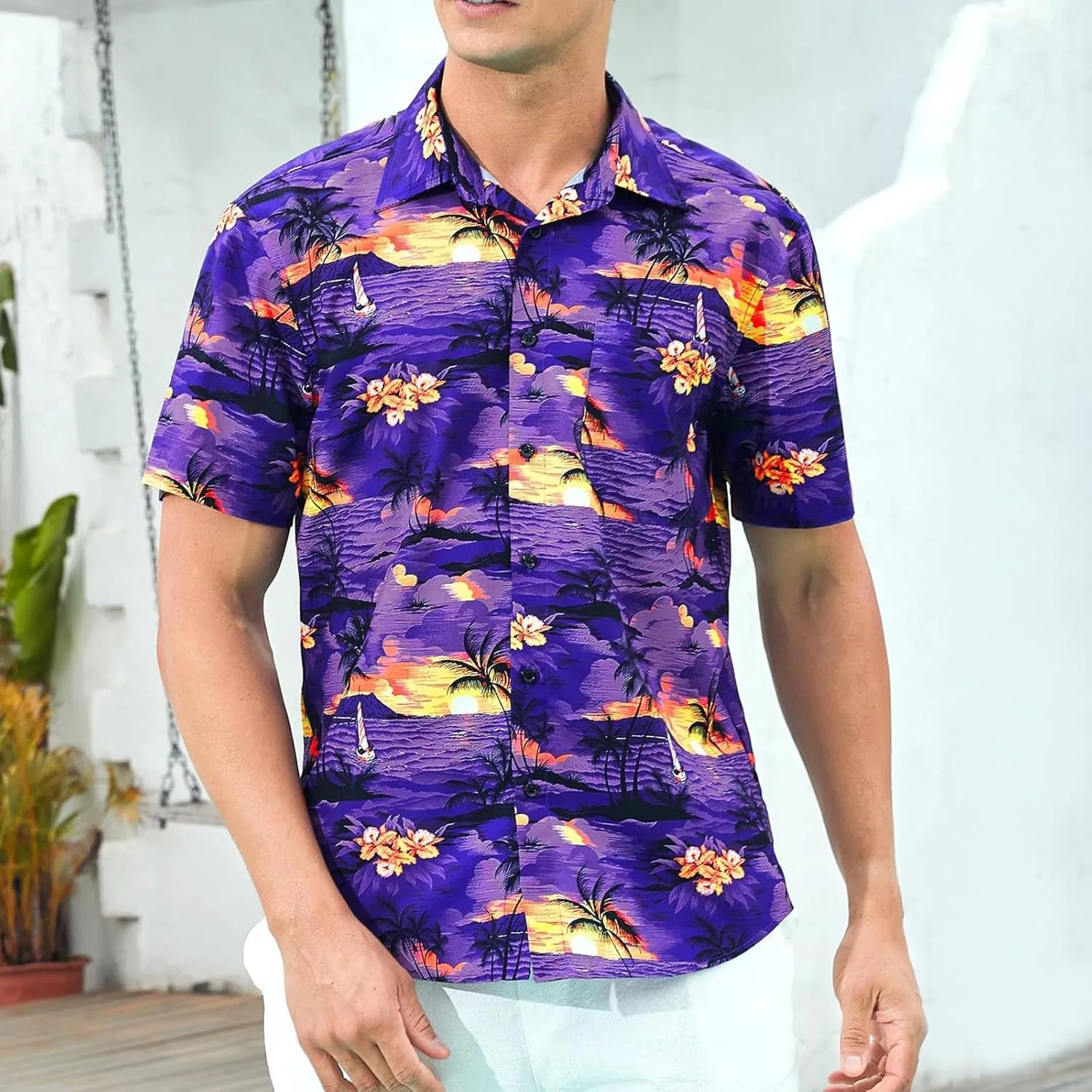 Hawaiian Floral T-Shirt for Men Button Down Beach Vacation Travel Tropical Shirt Collared Printed Summer Outfits Tops