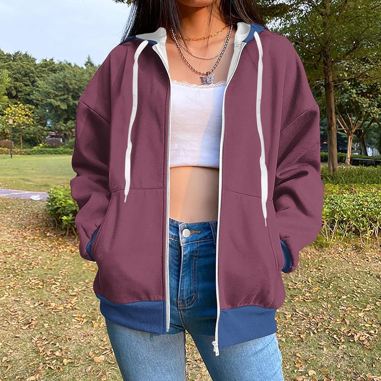 HGps8w Women's Colorblock Casual Drawstring Zip Up Hoodie Sweatshirt Loose Long Sleeve Hooded Jackets Outwear with Pockets