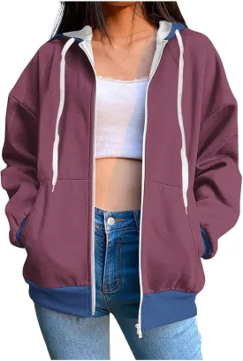 HGps8w Women's Colorblock Casual Drawstring Zip Up Hoodie Sweatshirt Loose Long Sleeve Hooded Jackets Outwear with Pockets