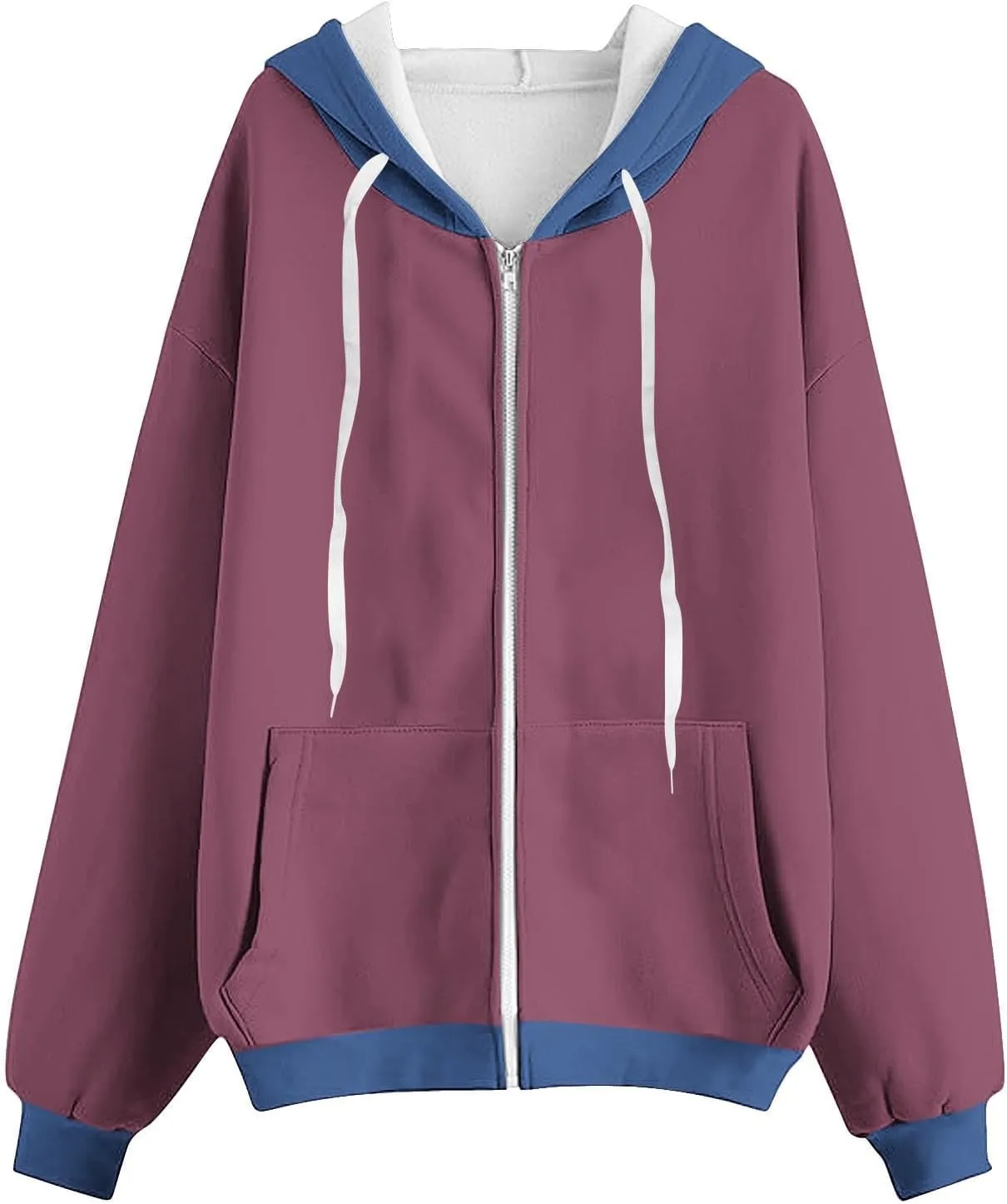 HGps8w Women's Colorblock Casual Drawstring Zip Up Hoodie Sweatshirt Loose Long Sleeve Hooded Jackets Outwear with Pockets