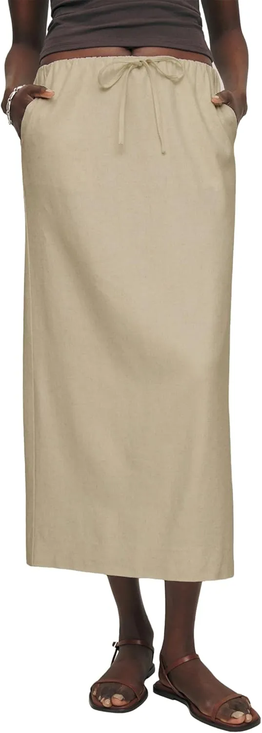IDEALSANXUN Womens Cotton Linen Skirts Trendy Elastic Waist Drawstring Long Skirts with Slit