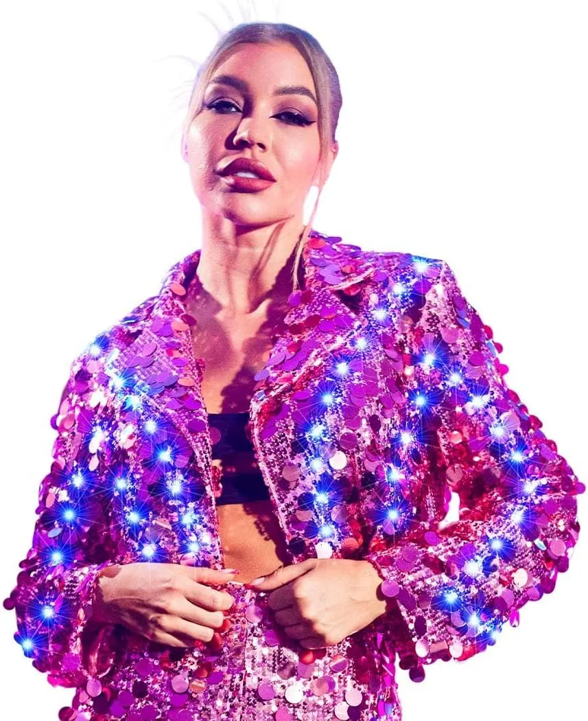 JAKAWIN Women's Light Up Sequin Jacket Coat Sparkly Long Sleeve Blazer Night Club Party New Years Glowing Jackets