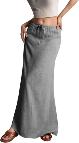 Linen Maxi Skirts for Women Trendy Summer Comfy Drawstring A Line Skirts Casual Beach Vacation Boho Flowy Long Skirts
