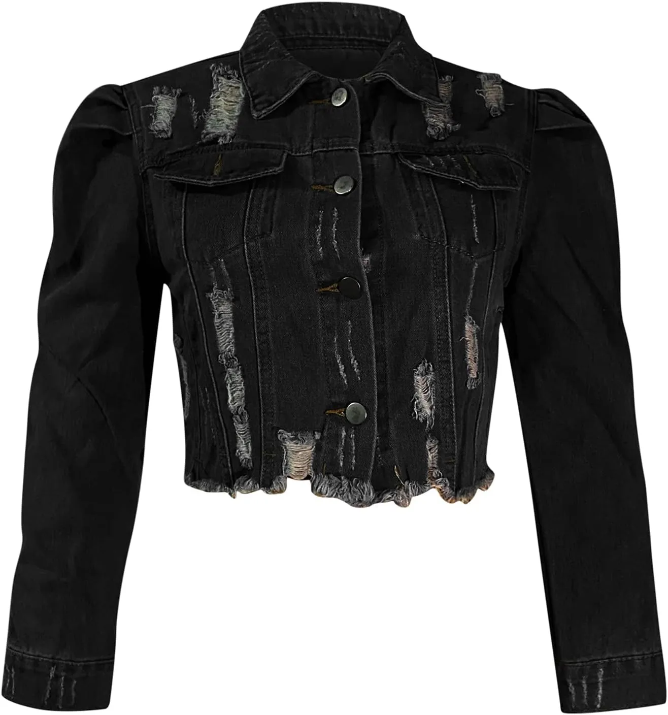 Long Puff Sleeve Jean Jacket for Women Trendy Short Cropped Denim Jackets Retro Frayed Raw Hem Ripped Denim Crop Top