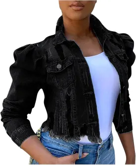 Long Puff Sleeve Jean Jacket for Women Trendy Short Cropped Denim Jackets Retro Frayed Raw Hem Ripped Denim Crop Top