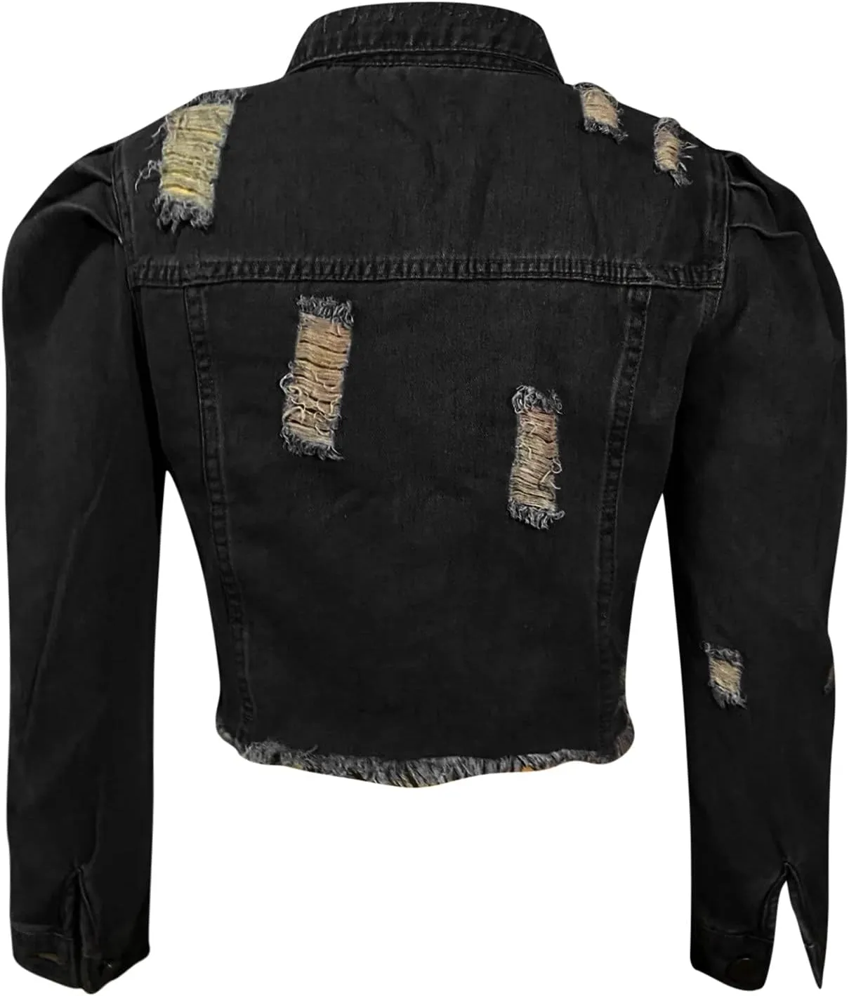 Long Puff Sleeve Jean Jacket for Women Trendy Short Cropped Denim Jackets Retro Frayed Raw Hem Ripped Denim Crop Top