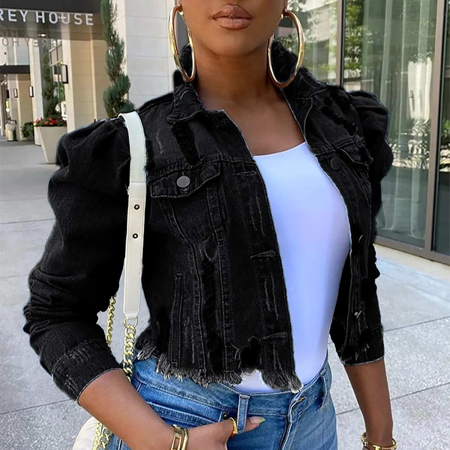 Long Puff Sleeve Jean Jacket for Women Trendy Short Cropped Denim Jackets Retro Frayed Raw Hem Ripped Denim Crop Top