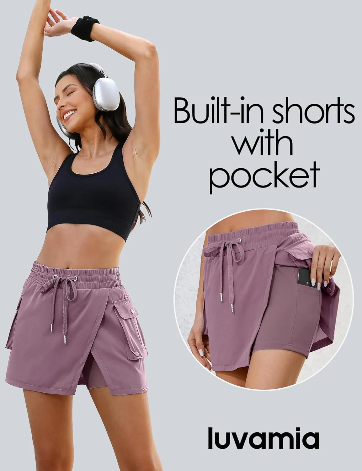 luvamia Tennis Skorts for Woman High Waisted Athletic Cargo Pull On Elastic Waist Stretchy Wrap Golf Skirts with Shorts