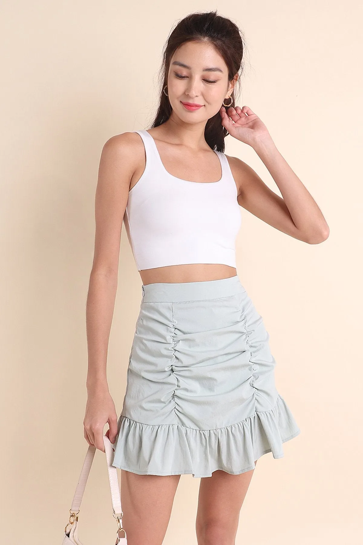 MADEBYNM COSETTE RUCHED SKORTS IN MINT SAGE [XXS/XS/S/M/L]