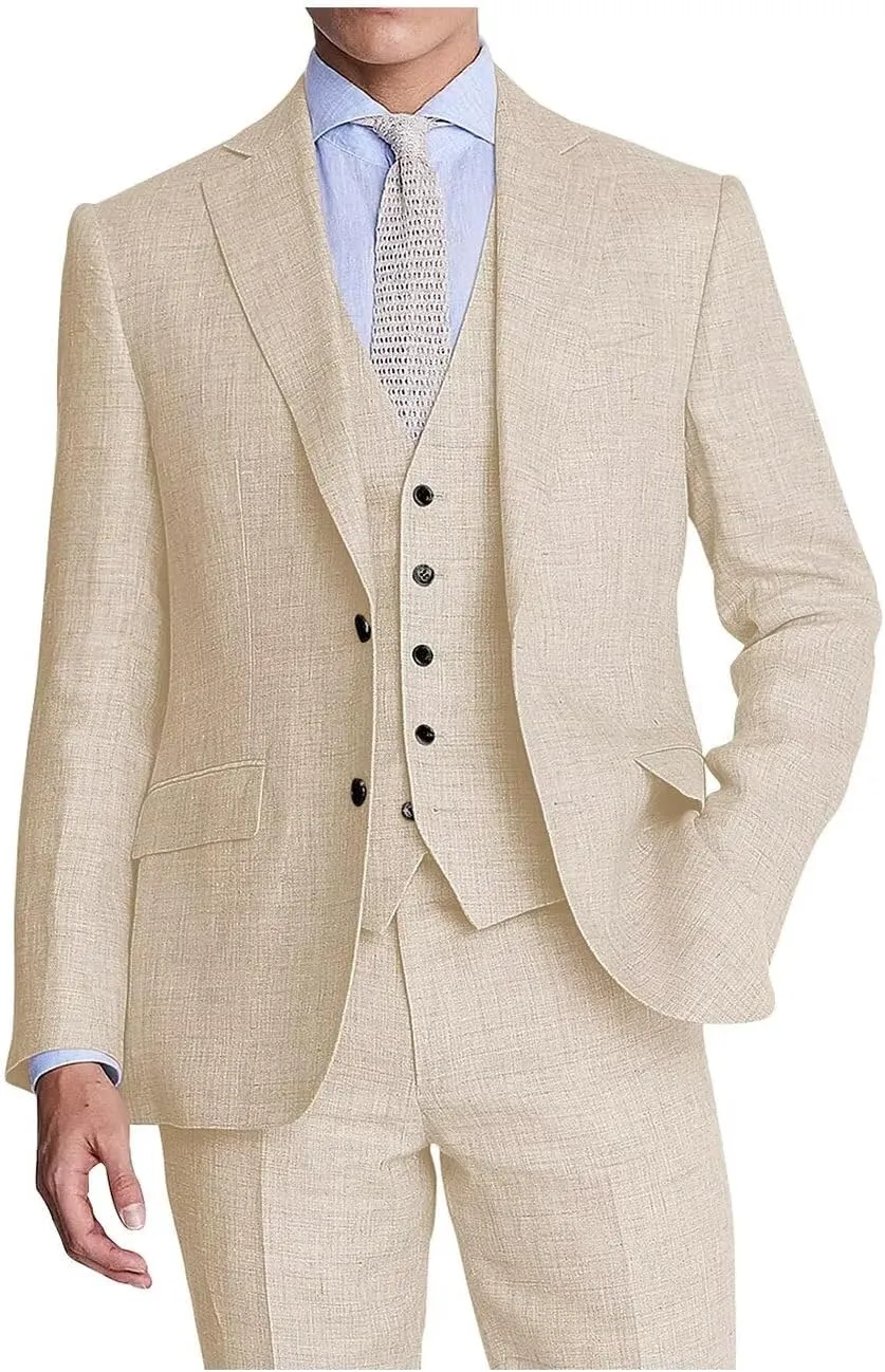 Men's Linen Suit 3 Piece Suits Slim Fit Beach Wedding Summer Casual Groomsmen Blazer Pants and Vest Tuxedo Set