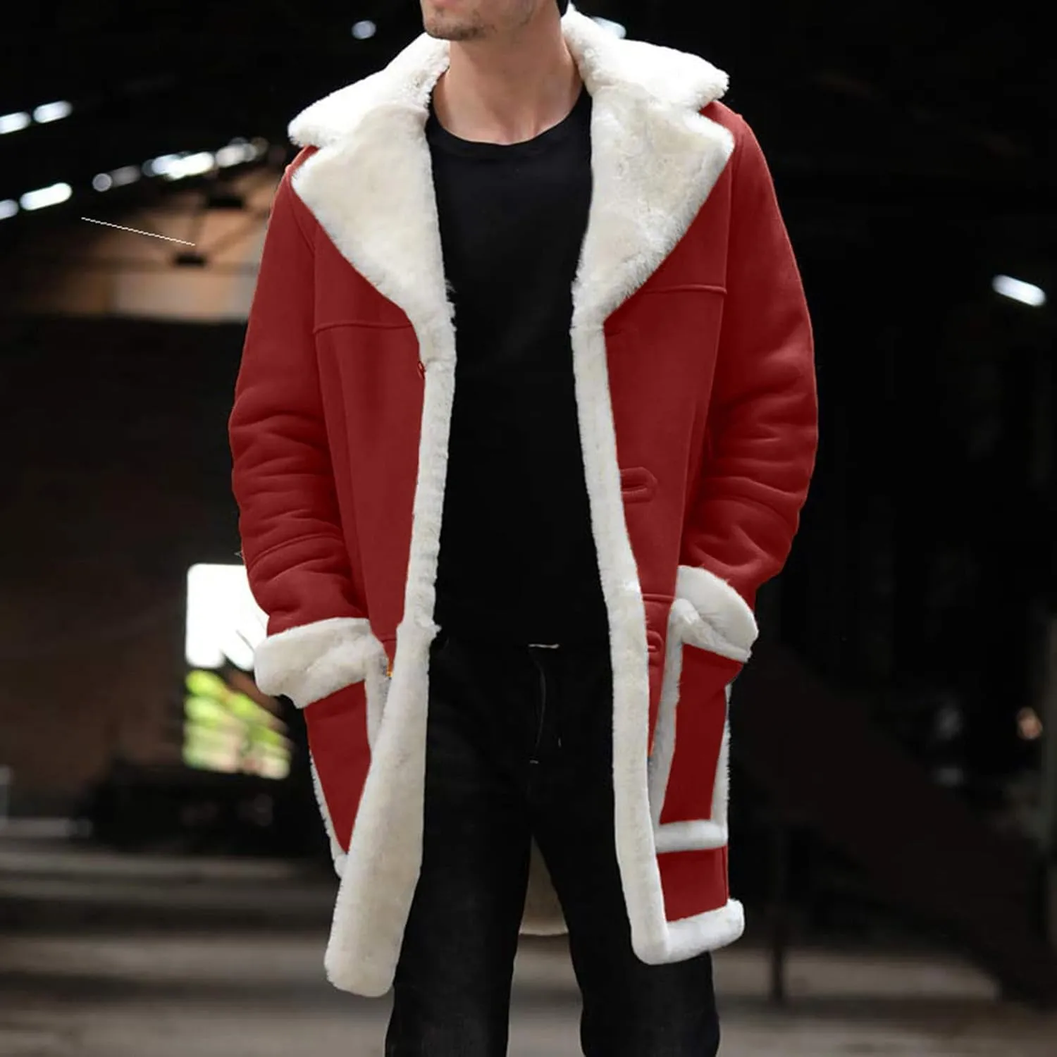 Mens Sherpa Fur Coat Fleece Lined Leather Jacket Faux Sheepskin Jacket Men Winter Medium and Long Fuzzy Coat Sweaters