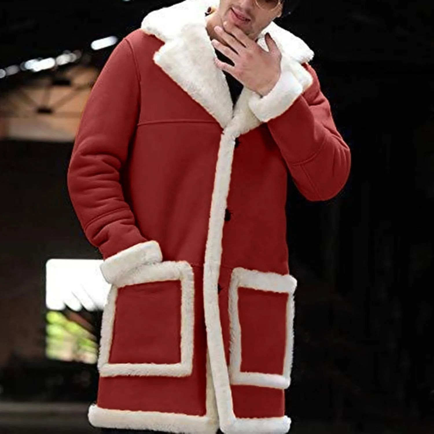 Mens Sherpa Fur Coat Fleece Lined Leather Jacket Faux Sheepskin Jacket Men Winter Medium and Long Fuzzy Coat Sweaters