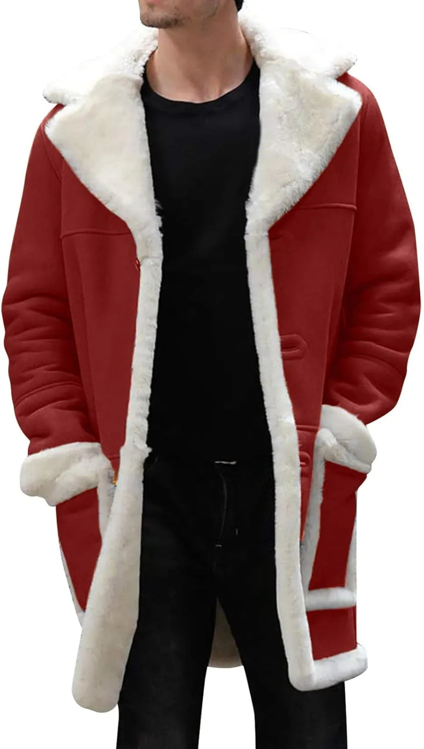 Mens Sherpa Fur Coat Fleece Lined Leather Jacket Faux Sheepskin Jacket Men Winter Medium and Long Fuzzy Coat Sweaters