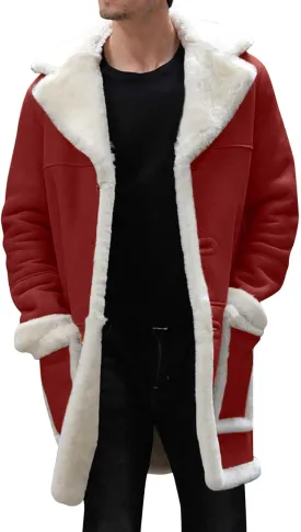 Mens Sherpa Fur Coat Fleece Lined Leather Jacket Faux Sheepskin Jacket Men Winter Medium and Long Fuzzy Coat Sweaters
