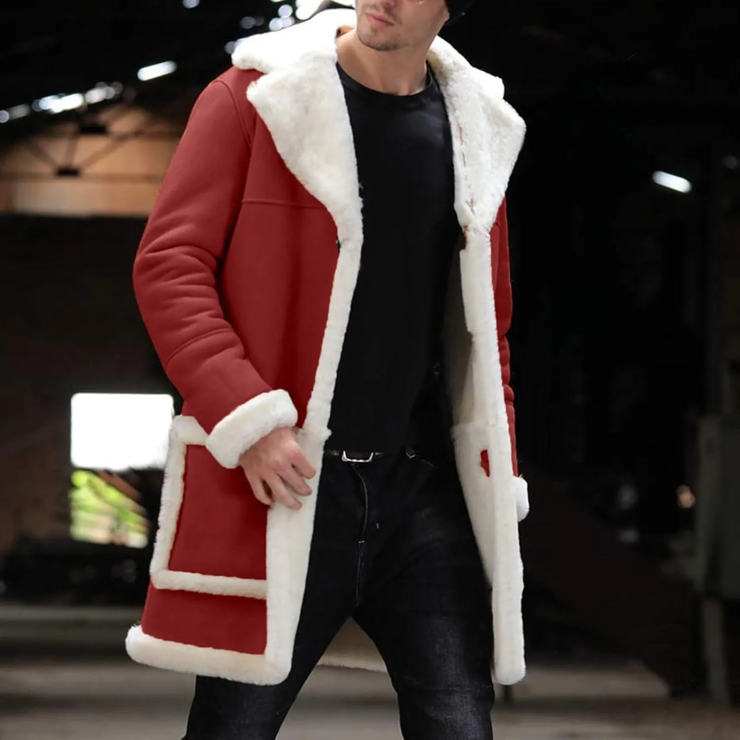 Mens Sherpa Fur Coat Fleece Lined Leather Jacket Faux Sheepskin Jacket Men Winter Medium and Long Fuzzy Coat Sweaters