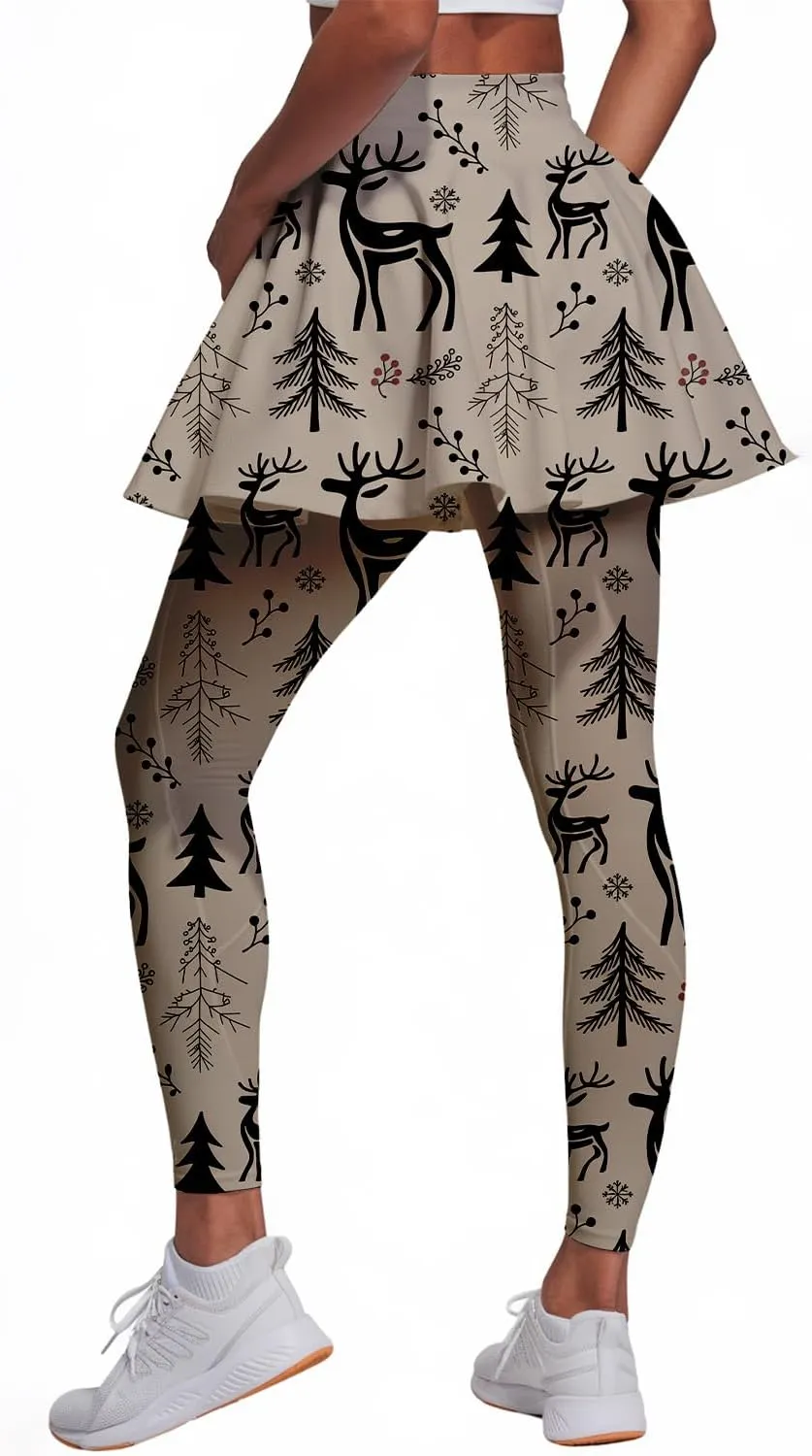 Minimalist Reindeer & Pine Tree Pajama Skirted Leggings for Women Athletic Tennis Skirt, Yoga Pleated Skirt Leggings