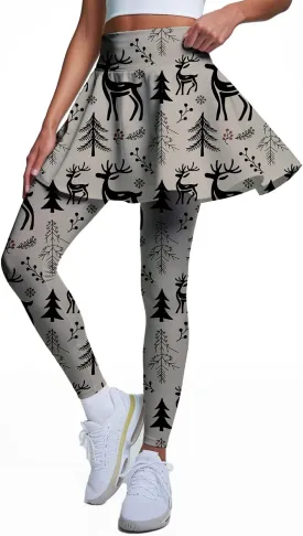Minimalist Reindeer & Pine Tree Pajama Skirted Leggings for Women Athletic Tennis Skirt, Yoga Pleated Skirt Leggings