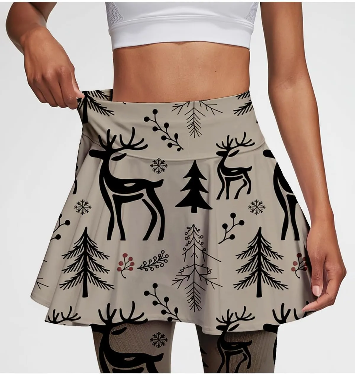 Minimalist Reindeer & Pine Tree Pajama Skirted Leggings for Women Athletic Tennis Skirt, Yoga Pleated Skirt Leggings