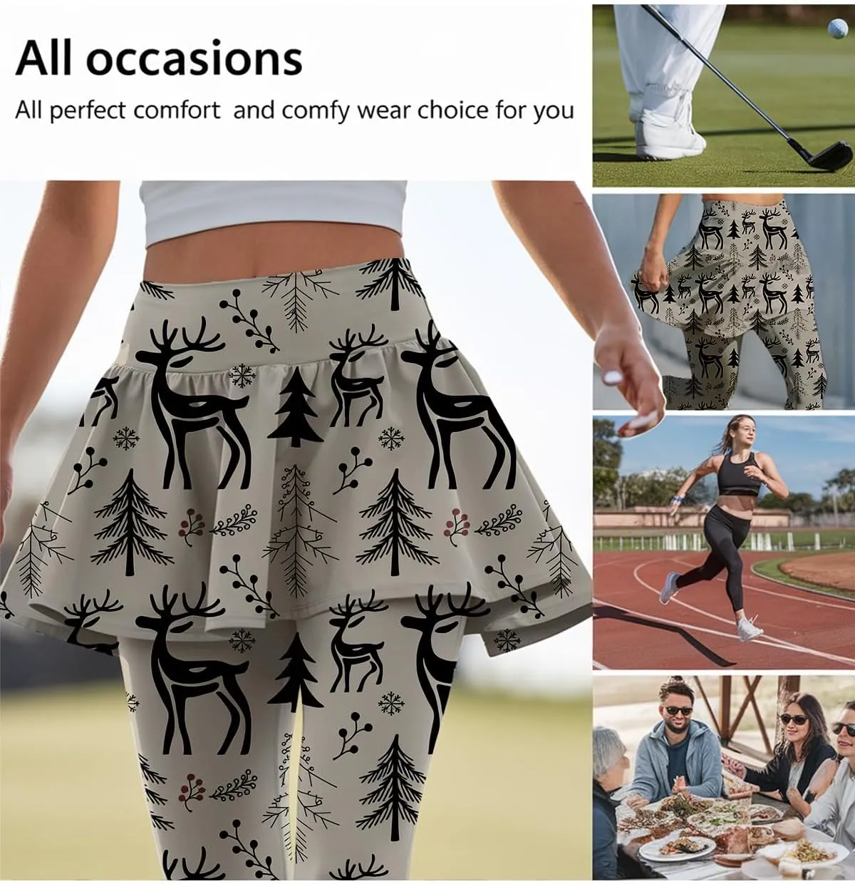 Minimalist Reindeer & Pine Tree Pajama Skirted Leggings for Women Athletic Tennis Skirt, Yoga Pleated Skirt Leggings