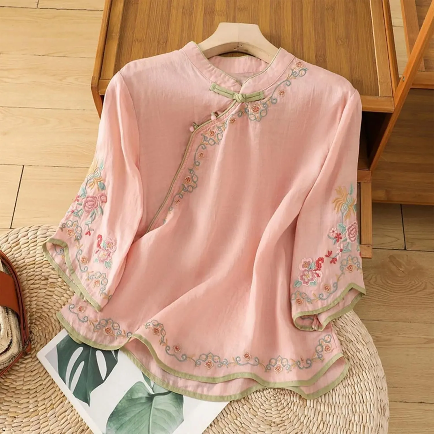 Oplxuo Blouses for Women Dressy Casual Ruffle 3/4 Length Sleeve Womens Tops V Neck Button Loose Tshirts Trendy Summer Shirts