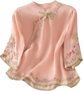 Oplxuo Blouses for Women Dressy Casual Ruffle 3/4 Length Sleeve Womens Tops V Neck Button Loose Tshirts Trendy Summer Shirts