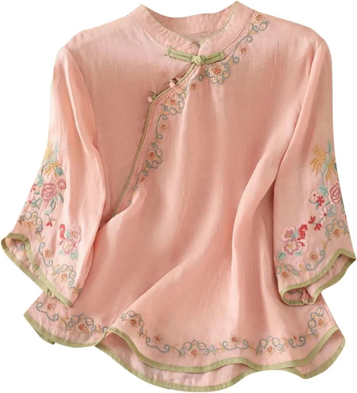 Oplxuo Blouses for Women Dressy Casual Ruffle 3/4 Length Sleeve Womens Tops V Neck Button Loose Tshirts Trendy Summer Shirts