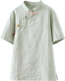 Oplxuo Womens Cotton Linen Tunic Tops Retro Chinese Frog Button Mandarin Collar Shirts Summer Causal Short Sleeve Blouses