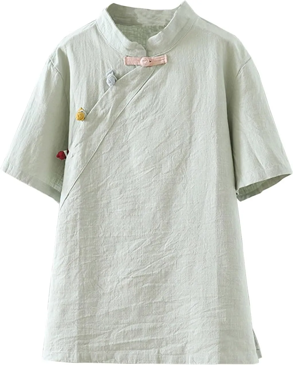 Oplxuo Womens Cotton Linen Tunic Tops Retro Chinese Frog Button Mandarin Collar Shirts Summer Causal Short Sleeve Blouses