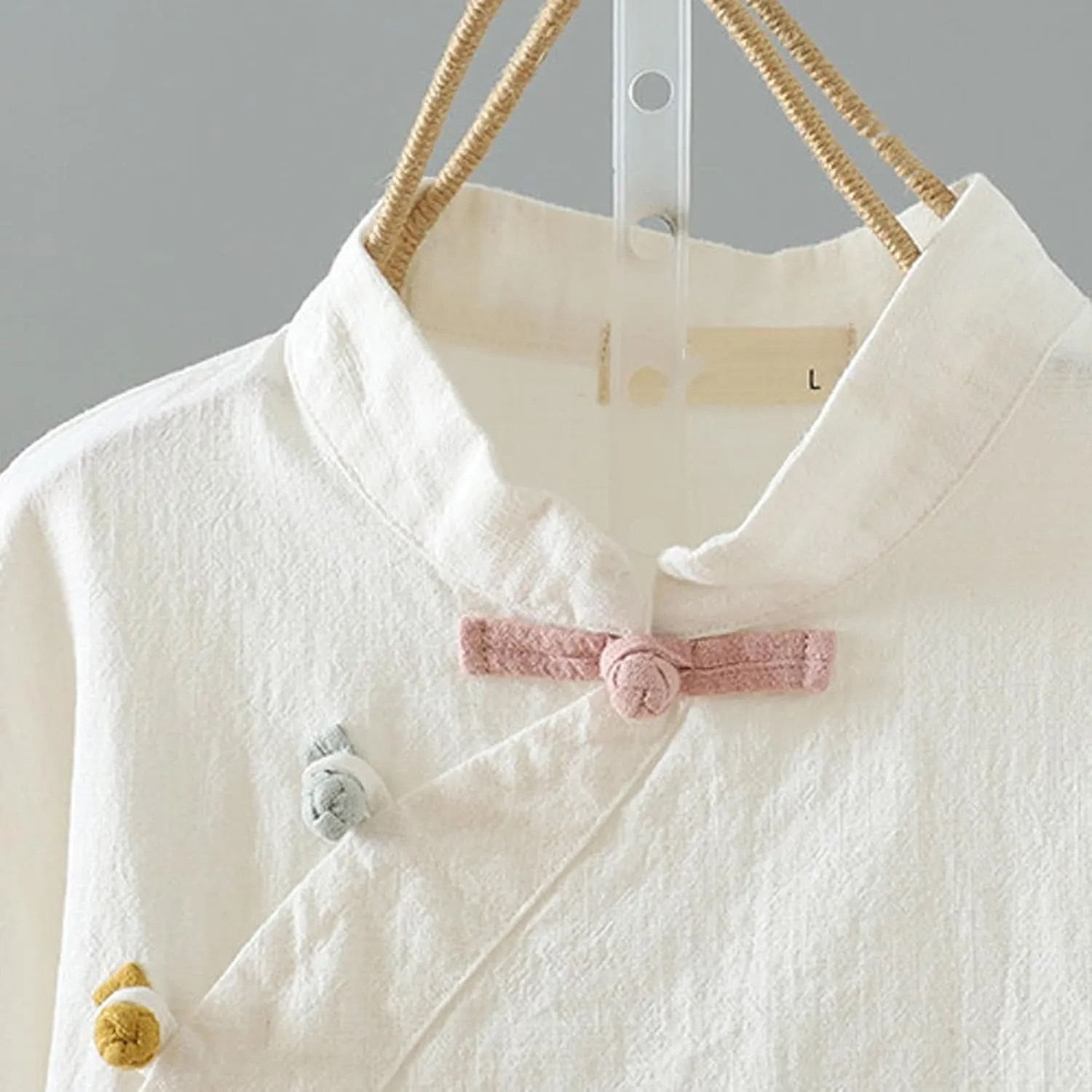 Oplxuo Womens Cotton Linen Tunic Tops Retro Chinese Frog Button Mandarin Collar Shirts Summer Causal Short Sleeve Blouses