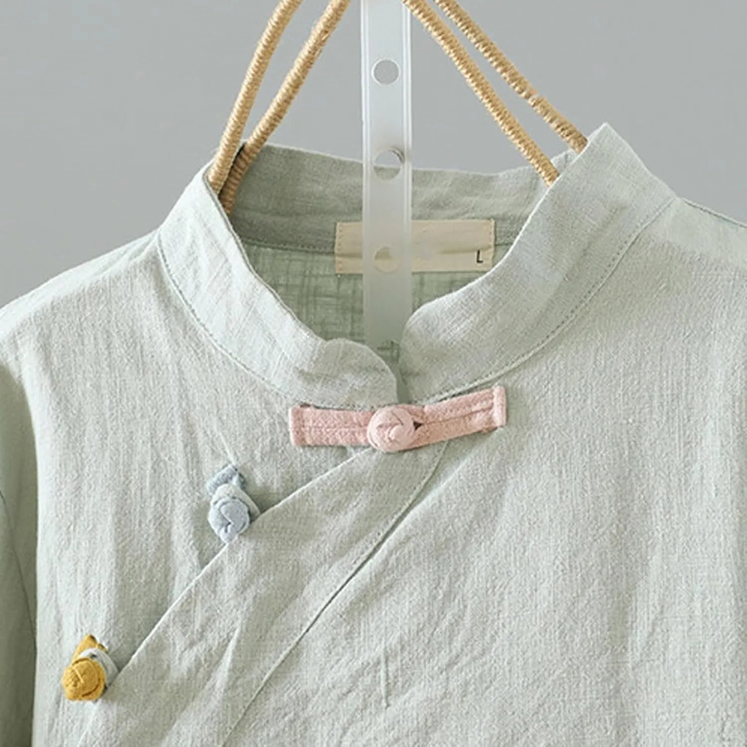 Oplxuo Womens Cotton Linen Tunic Tops Retro Chinese Frog Button Mandarin Collar Shirts Summer Causal Short Sleeve Blouses