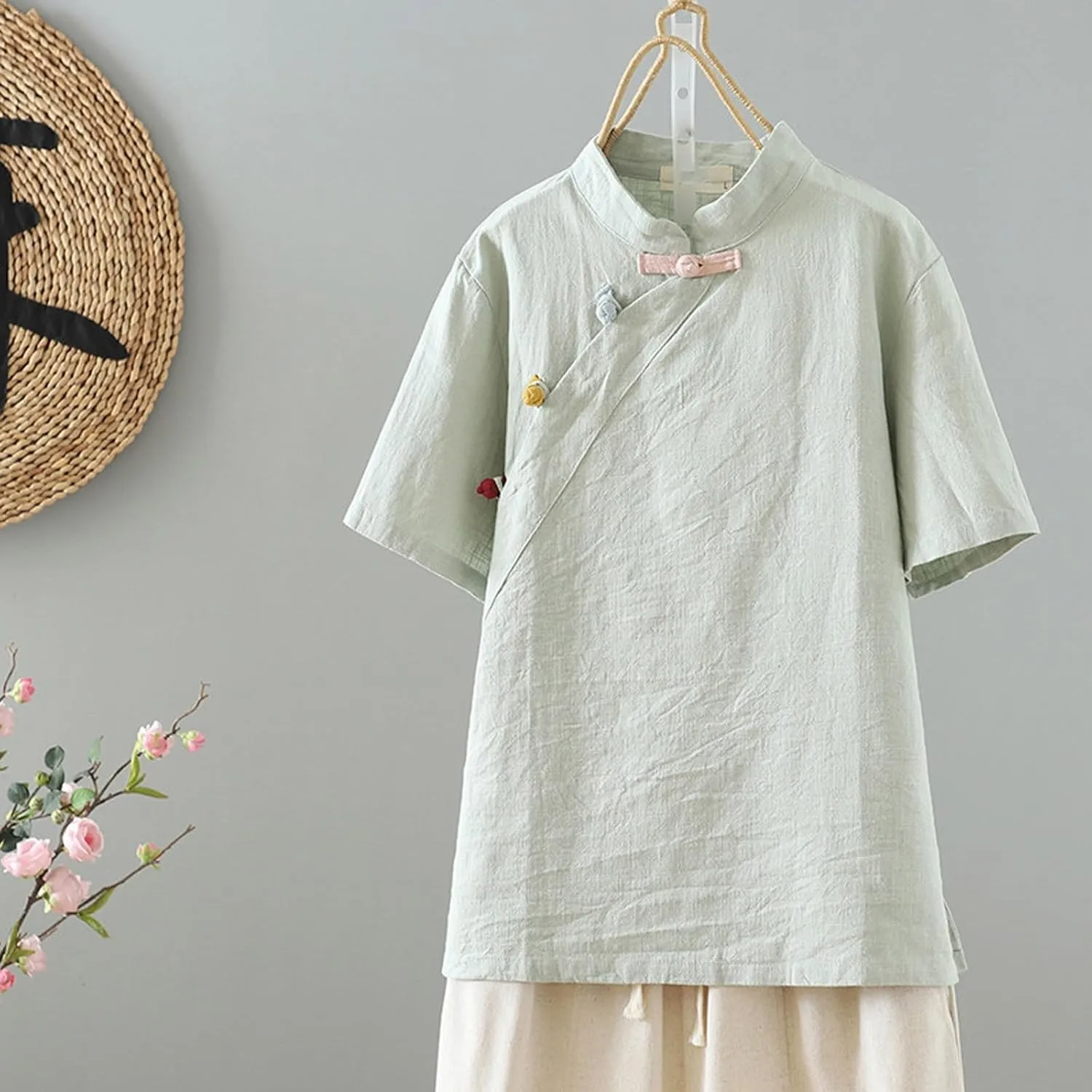 Oplxuo Womens Cotton Linen Tunic Tops Retro Chinese Frog Button Mandarin Collar Shirts Summer Causal Short Sleeve Blouses