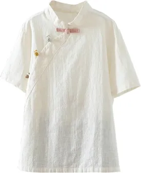 Oplxuo Womens Cotton Linen Tunic Tops Retro Chinese Frog Button Mandarin Collar Shirts Summer Causal Short Sleeve Blouses