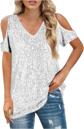 Party Night Sequin T Shirts Summer Short Sleeve Tops Off Shoulder Glitter Sparkly Blouse Loose Fit Shirts Going Out