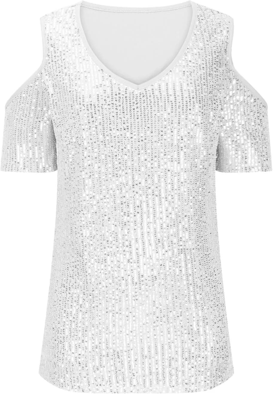 Party Night Sequin T Shirts Summer Short Sleeve Tops Off Shoulder Glitter Sparkly Blouse Loose Fit Shirts Going Out