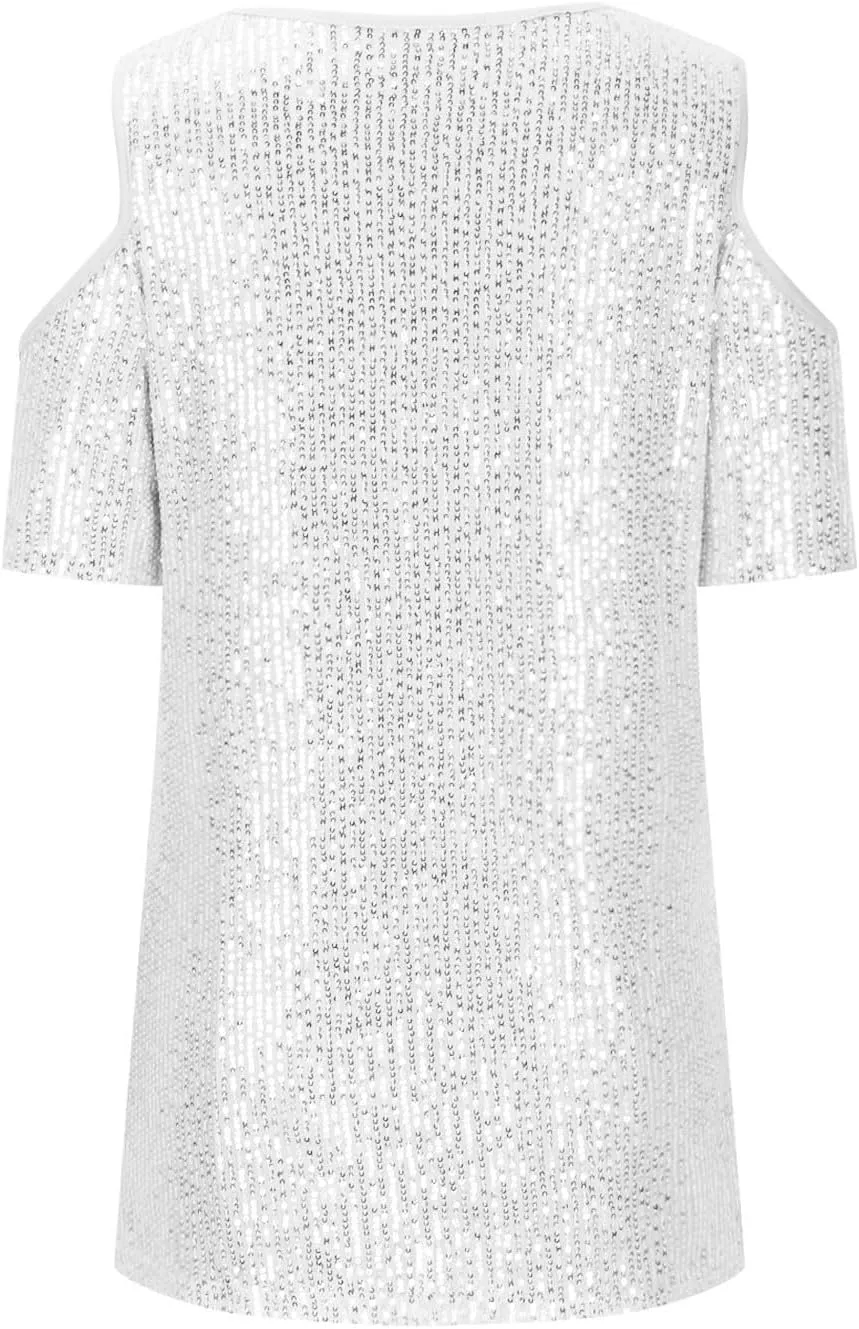 Party Night Sequin T Shirts Summer Short Sleeve Tops Off Shoulder Glitter Sparkly Blouse Loose Fit Shirts Going Out