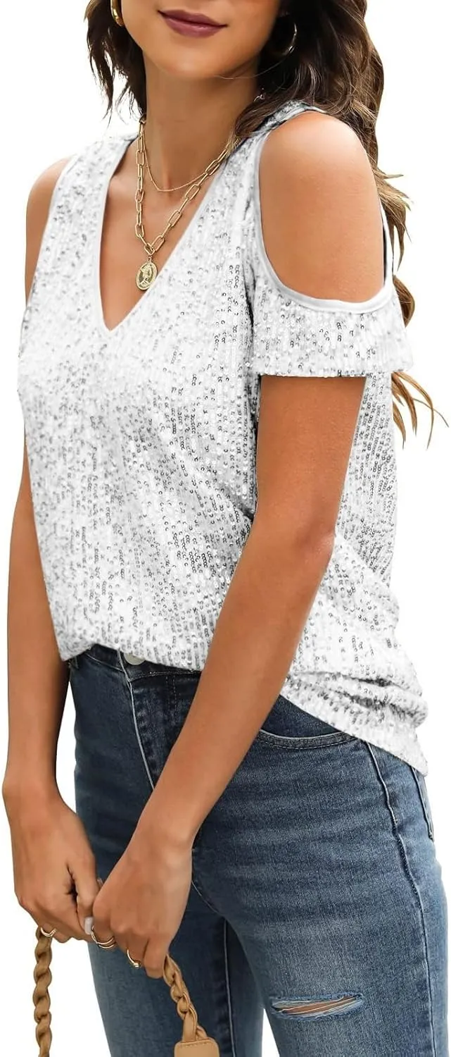 Party Night Sequin T Shirts Summer Short Sleeve Tops Off Shoulder Glitter Sparkly Blouse Loose Fit Shirts Going Out