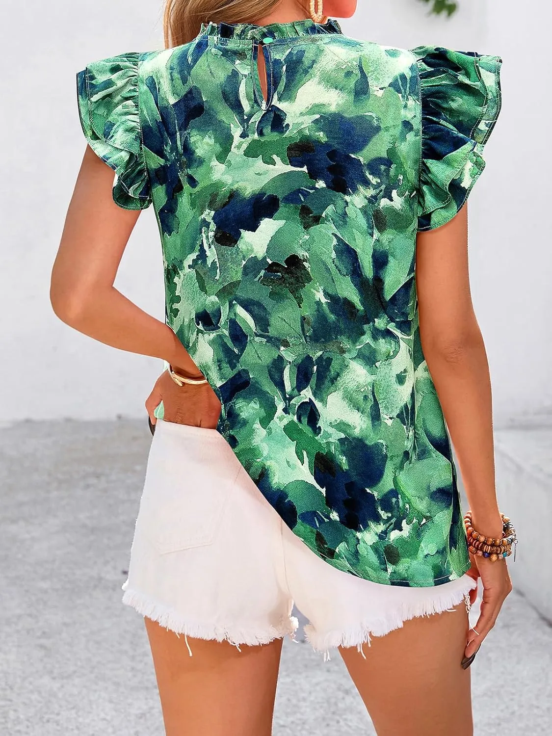 PRETTYGARDEN Women's Ruffle Short Sleeve Summer Tops 2025 Trendy Floral Trim Neck Casual Dressy Chiffon Boho Blouses Shirts
