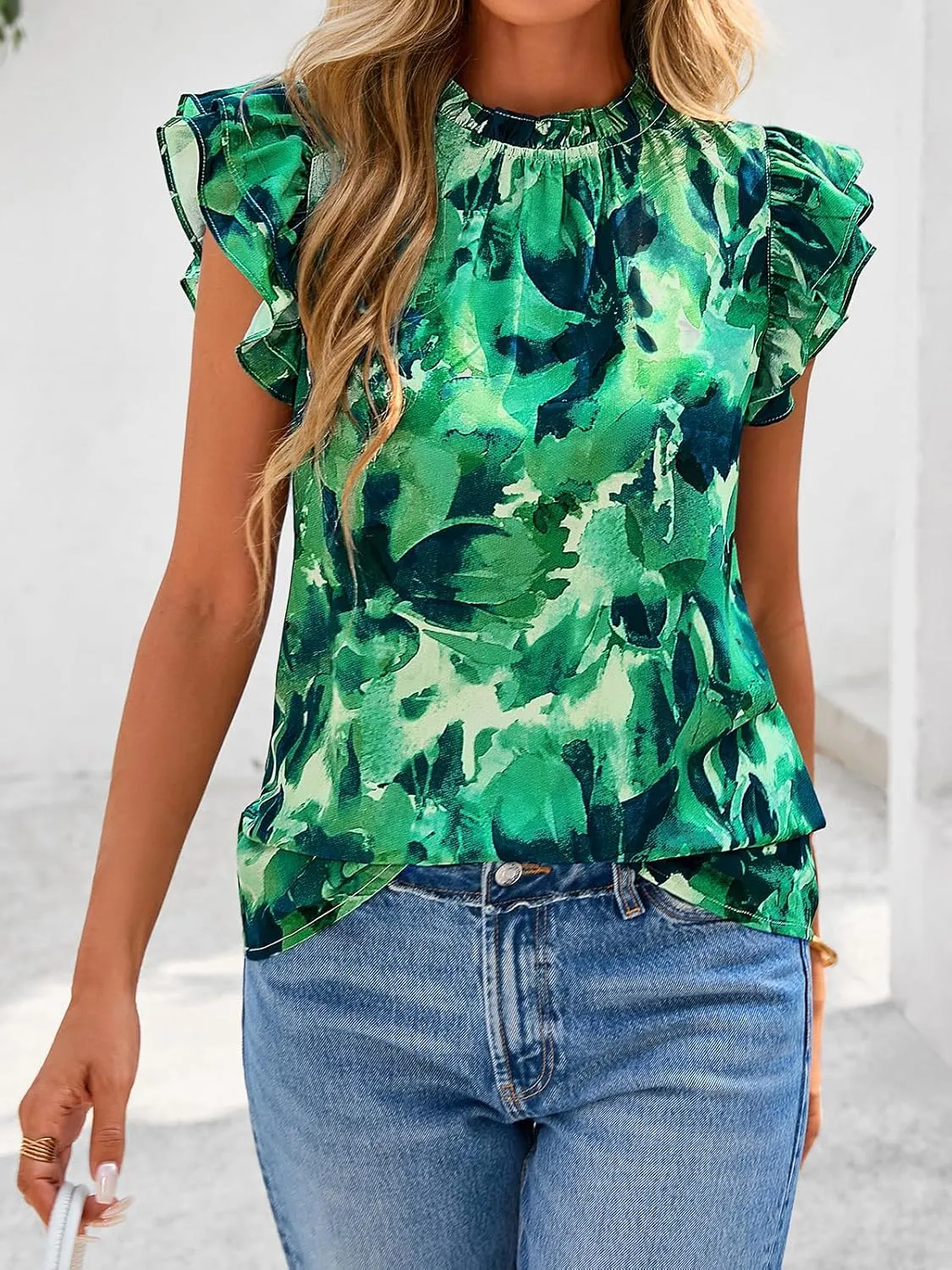 PRETTYGARDEN Women's Ruffle Short Sleeve Summer Tops 2025 Trendy Floral Trim Neck Casual Dressy Chiffon Boho Blouses Shirts