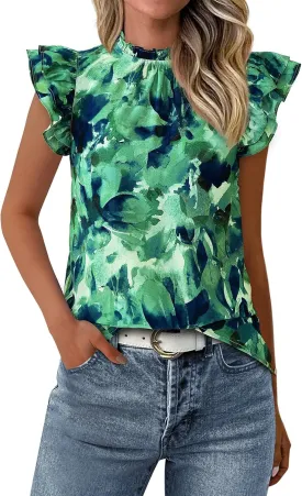 PRETTYGARDEN Women's Ruffle Short Sleeve Summer Tops 2025 Trendy Floral Trim Neck Casual Dressy Chiffon Boho Blouses Shirts