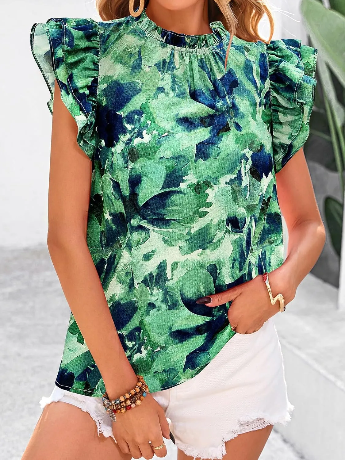 PRETTYGARDEN Women's Ruffle Short Sleeve Summer Tops 2025 Trendy Floral Trim Neck Casual Dressy Chiffon Boho Blouses Shirts
