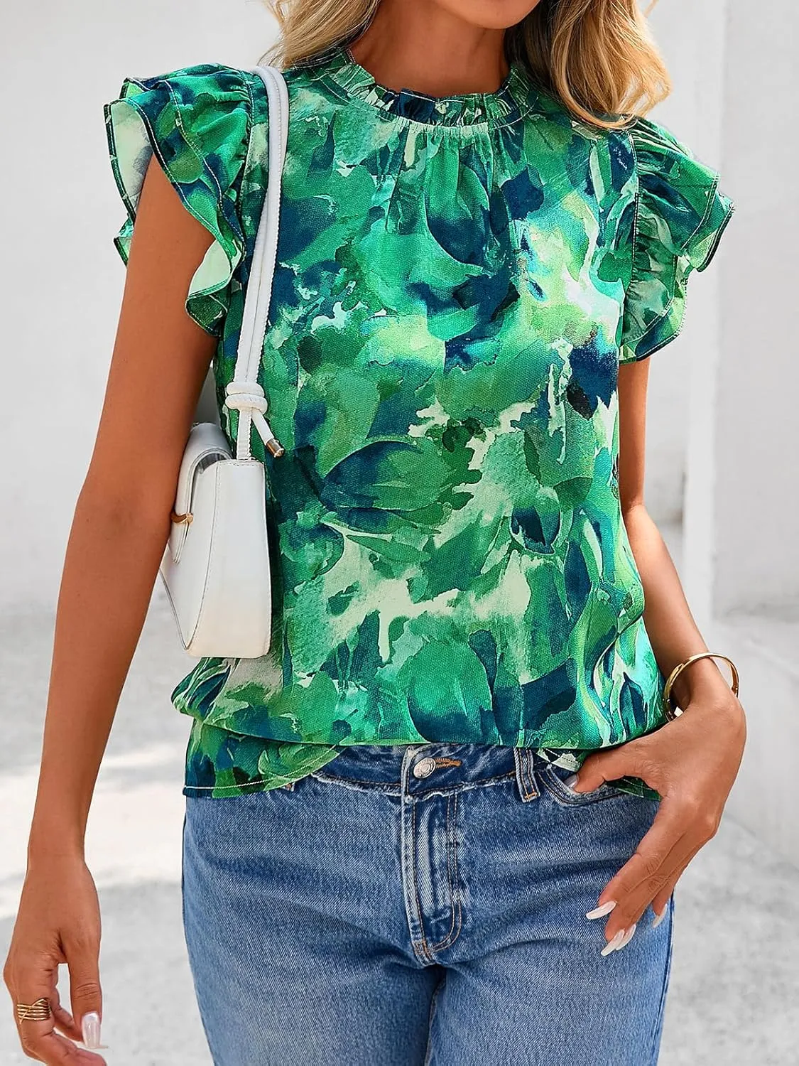 PRETTYGARDEN Women's Ruffle Short Sleeve Summer Tops 2025 Trendy Floral Trim Neck Casual Dressy Chiffon Boho Blouses Shirts