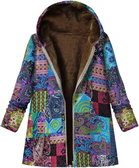 RMXEi Ladies Long Sleeve Zipper Hooded Thick Composite Plush Vintage Flower Print Plus Size Hooded Jacket