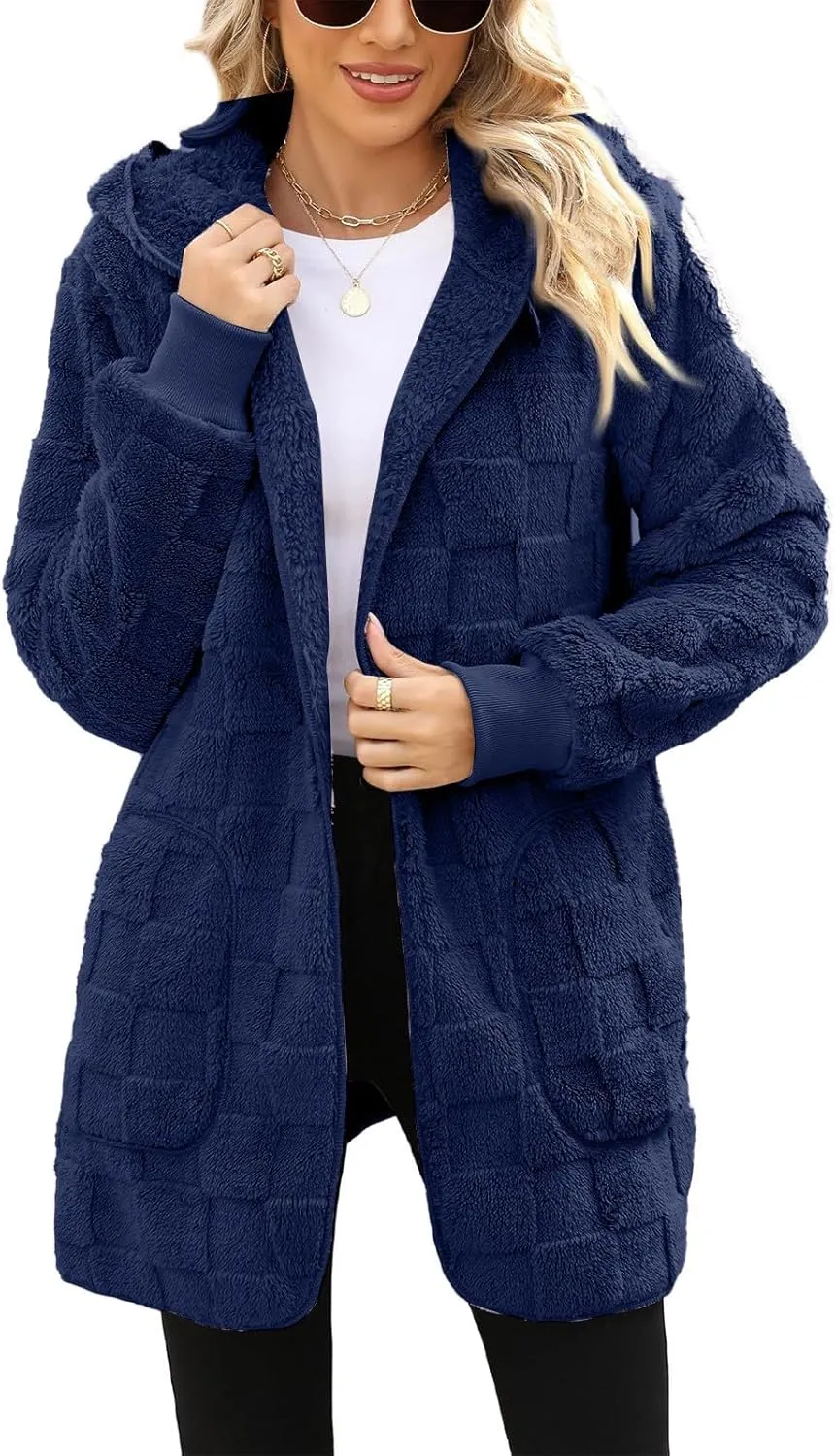 Sherpa Jacket Women Fuzzy Open Front Fleece Lined Jackets Soft Warm Hooded Cardigan Sweater Winter Coat with Pockets