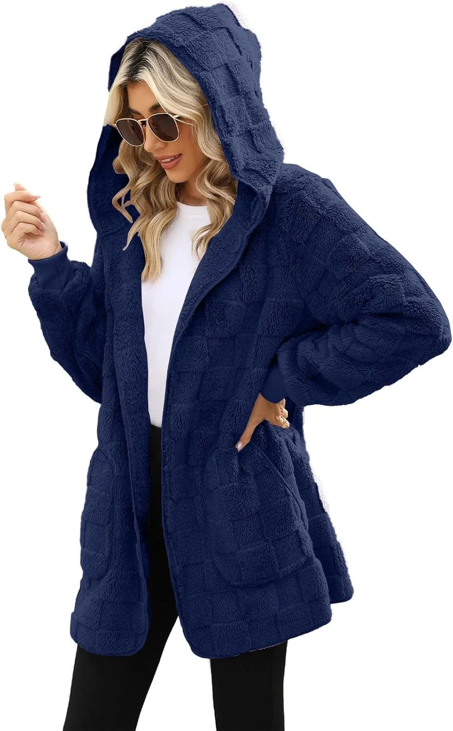 Sherpa Jacket Women Fuzzy Open Front Fleece Lined Jackets Soft Warm Hooded Cardigan Sweater Winter Coat with Pockets